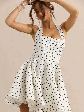 ZARA Sweet Black White Polka Dot High Waist Slim A Line Dress